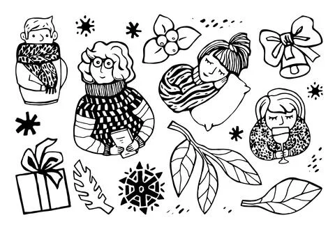 People and different Christmas elements - a woman with a book, a girl sleepin Stock Illustration