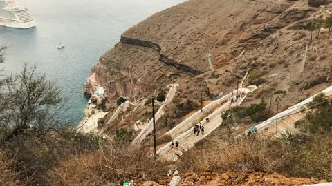 People and donkeys climb the steps of Santorini 3 Stock Footage 344598192