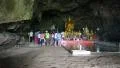 People and Golden Buddha statue inside temple in the cave, Thailand HD Footage