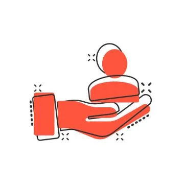 People and hand icon in comic style. Protect life cartoon vector illustration Stock Illustration