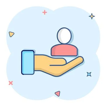 People and hand icon in comic style. Protect life cartoon vector illustration Stock Illustration