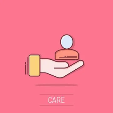 People and hand icon in comic style. Protect life cartoon vector illustrati.. Stock Illustration