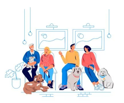 People and pets in queue to veterinary doctor, flat vector illustration. Illustrazione stock