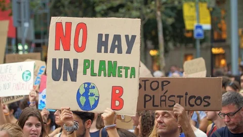 People and Posters against Global Warming. Climate Strike in Barcelona.  Stock Footage