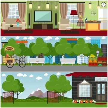 People and relations interior concept vector flat poster set Stock Illustration
