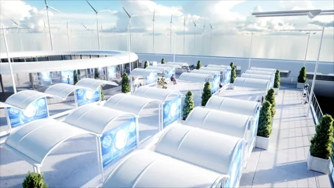 People and robots. Sci fi station. Futuristic monorail transport. Concept of Stockbeeldmateriaal 87694028