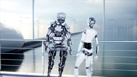People and robots. Sci fi station. Futuristic monorail transport. Concept of Stock Footage 87697709
