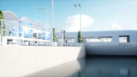 People and robots. Sci fi station. Futuristic monorail transport. Concept of Видео 87699880