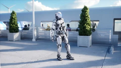 People and robots. Sci fi station. Futuristic monorail transport. Concept of Stockbeeldmateriaal 87701438