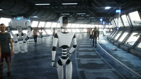 People and robots. Sci fi tonnel. Futuristic traffic. Concept of future Vidéo 110968936