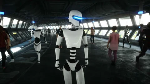 People and robots. Sci fi tonnel. Futuristic traffic. Concept of future Stock Footage 110969239