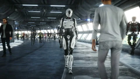People and robots. Sci fi tonnel. Futuristic traffic. Concept of future Vidéo 110969728