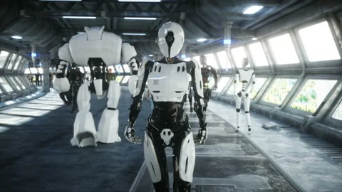 People and robots. Sci fi tonnel. Futuristic traffic. Concept of future Vidéo 110970034