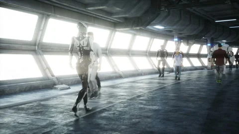 People and robots. Sci fi tonnel. Futuristic traffic. Concept of future Vidéo 110970103