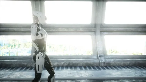 People and robots. Sci fi tonnel. Futuristic traffic. Concept of future Vidéo 110970132