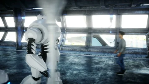 People and robots. Sci fi tonnel. Futuristic traffic. Concept of future Vídeos de archivo 110970625