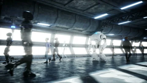 People and robots. Sci fi tonnel. Futuristic traffic. Concept of future Vidéo 110971097