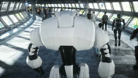 People and robots. Sci fi tonnel. Futuristic traffic. Concept of future Vidéo 110971500