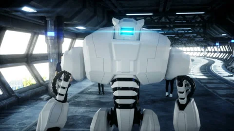 People and robots. Sci fi tonnel. Futuristic traffic. Concept of future Vidéo 110971839