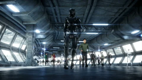 People and robots. Sci fi tonnel. Futuristic traffic. Concept of future Vidéo 110972626