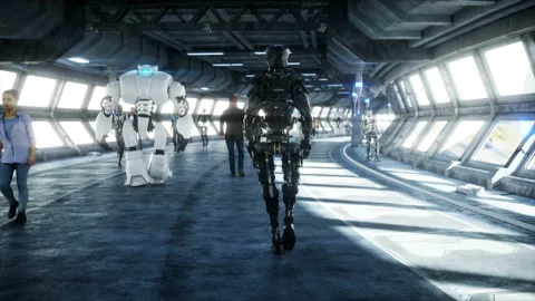 People and robots. Sci fi tonnel. Futuristic traffic. Concept of future Vidéo 110973143