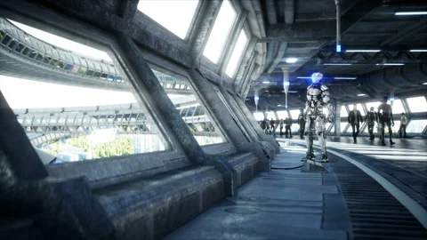 People and robots. Sci fi tonnel. Futuristic traffic. Concept of future Vidéo 110973355