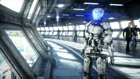 People and robots. Sci fi tonnel. Futuristic traffic. Concept of future Vidéo 110974129