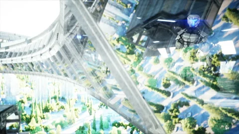 People and robots. Sci fi tonnel. Futuristic traffic. Concept of future Vidéo 110974611