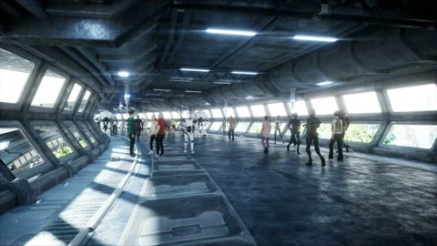 People and robots. Sci fi tonnel. Futuristic traffic. Concept of future Vidéo 110975439