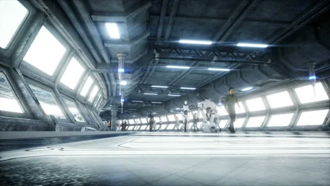 People and robots. Sci fi tonnel. Futuristic traffic. Concept of future Vidéo 110976105