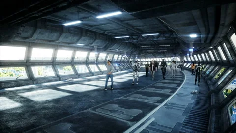 People and robots. Sci fi tonnel. Futuristic traffic. Concept of future Vidéo 110976739