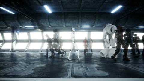 People and robots. Sci fi tonnel. Futuristic traffic. Concept of future Vidéo 110978062