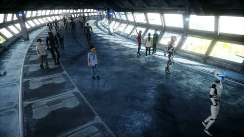 People and robots. Sci fi tonnel. Futuristic traffic. Concept of future Vidéo 110978523