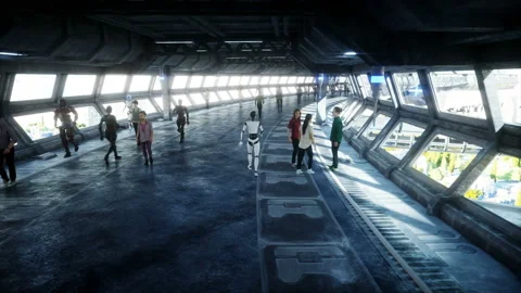 People and robots. Sci fi tonnel. Futuristic traffic. Concept of future Vidéo 110979415