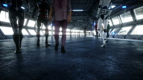 People and robots. Sci fi tonnel. Futuristic traffic. Concept of future Vidéo 110980133
