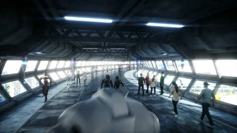People and robots. Sci fi tonnel. Futuristic traffic. Concept of future Vidéo 110980720
