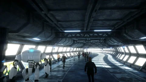 People and robots. Sci fi tonnel. Futuristic traffic. Concept of future Vidéo 110981509