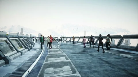 People and robots. Sci fi tonnel. Futuristic traffic. Concept of future Vidéo 110981780