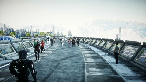 People and robots. Sci fi tonnel. Futuristic traffic. Concept of future Vidéo 110982355