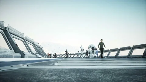 People and robots. Sci fi tonnel. Futuristic traffic. Concept of future Vidéo 110982539