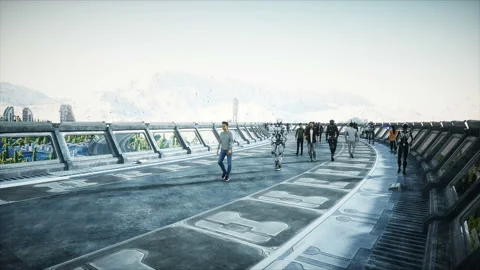 People and robots. Sci fi tonnel. Futuristic traffic. Concept of future Vidéo 110983142