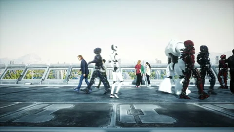 People and robots. Sci fi tonnel. Futuristic traffic. Concept of future Vidéo 110983538