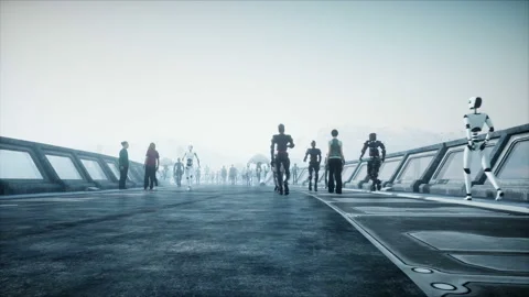 People and robots. Sci fi tonnel. Futuristic traffic. Concept of future Vidéo 110983832