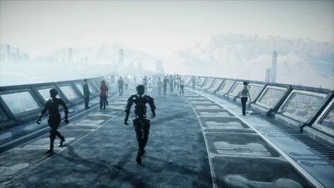 People and robots. Sci fi tonnel. Futuristic traffic. Concept of future Vidéo 110984299