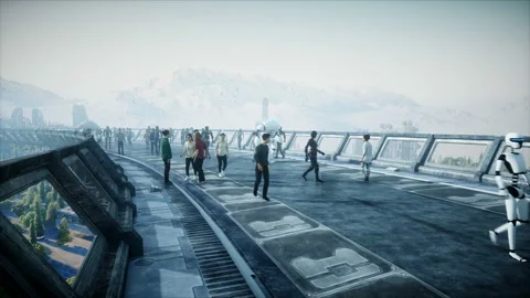 People and robots. Sci fi tonnel. Futuristic traffic. Concept of future Vidéo 110984693