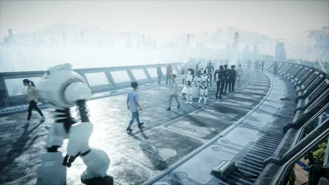 People and robots. Sci fi tonnel. Futuristic traffic. Concept of future Vidéo 110985077