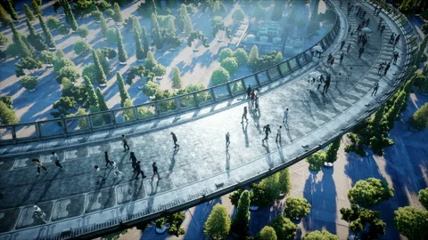 People and robots. Sci fi tonnel. Futuristic traffic. Concept of future Vidéo 110985774