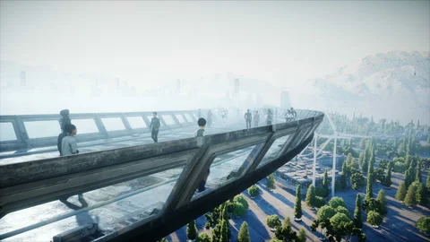 People and robots. Sci fi tonnel. Futuristic traffic. Concept of future Vidéo 110986025
