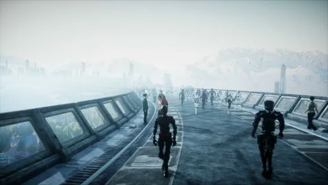 People and robots. Sci fi tonnel. Futuristic traffic. Concept of future Vidéo 110986270