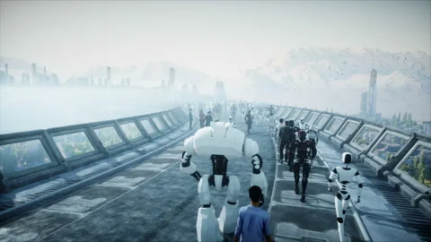 People and robots. Sci fi tonnel. Futuristic traffic. Concept of future Vidéo 110986909